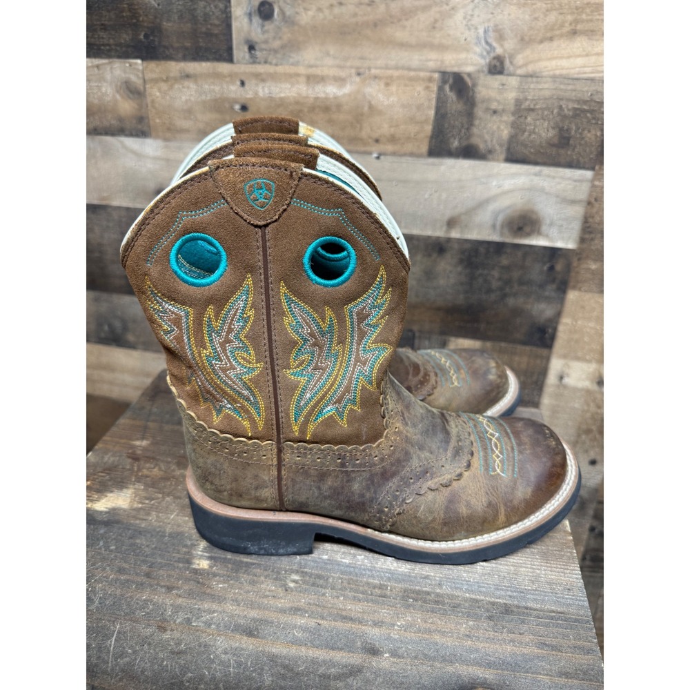 Ariat Fatbaby Western Boots Brown Leather Turquoise Embroidery Womens 8.5 B - Picture 3 of 6